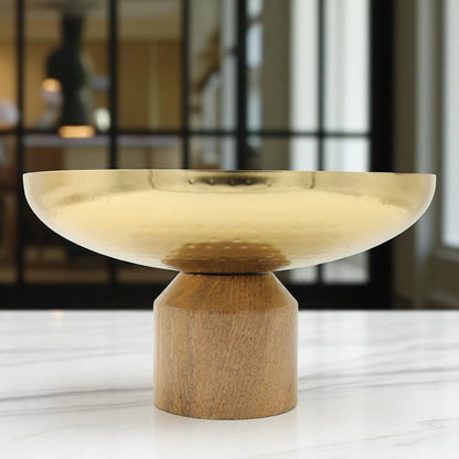 Damoo Gold Hammered Metal Bowl with Natural Wood Base – Elegant Round Decorative Dish for Serving, Dates & Sweets - Damoo