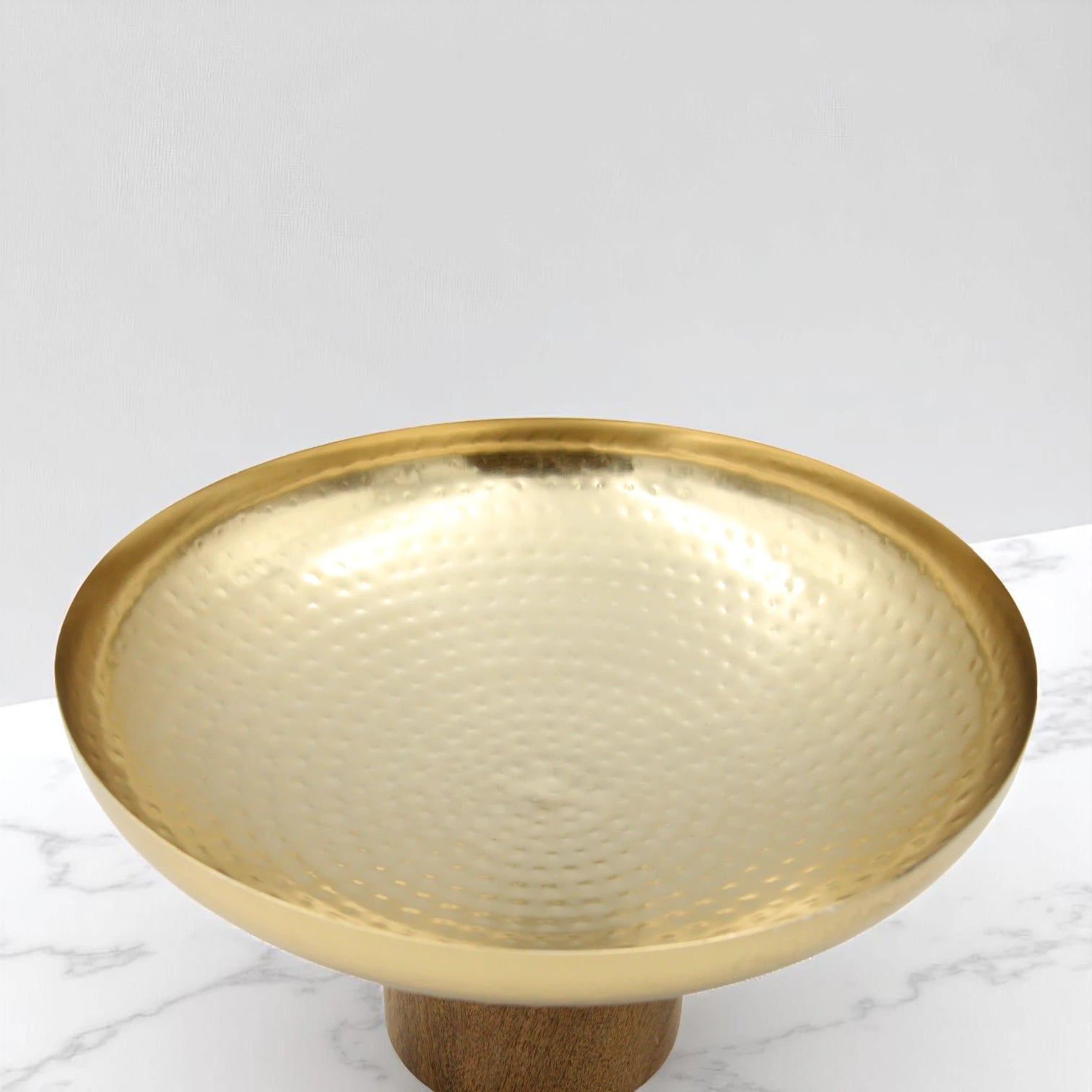 Damoo Gold Hammered Metal Bowl with Natural Wood Base – Elegant Round Decorative Dish for Serving, Dates & Sweets - Damoo