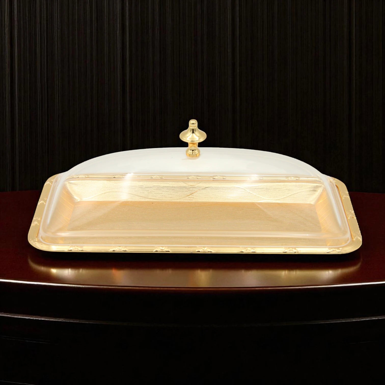 Damoo Gold Rectangular Serving Tray with Clear Dome Cover – Elegant Covered Tray for Pastries, Sweets, Cheese & Snacks – Decorative Display Tray with Lid - Damoo