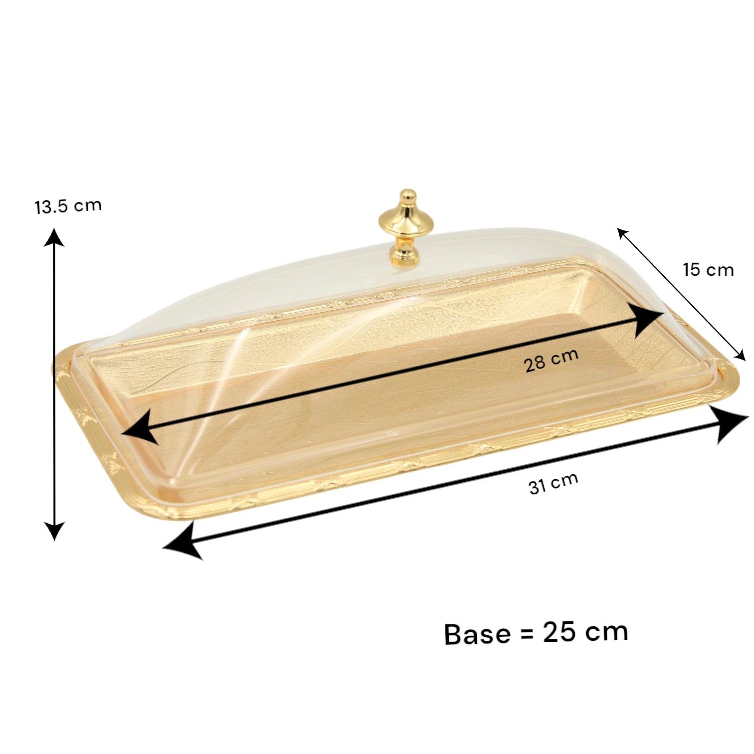 Damoo Gold Rectangular Serving Tray with Clear Dome Cover – Elegant Covered Tray for Pastries, Sweets, Cheese & Snacks – Decorative Display Tray with Lid - Damoo