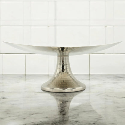 Damoo Hammered Oval Metal Decorative Plate with Pedestal Stand – Elegant Silver Centerpiece Bowl for Dining Table or Console Display - Damoo