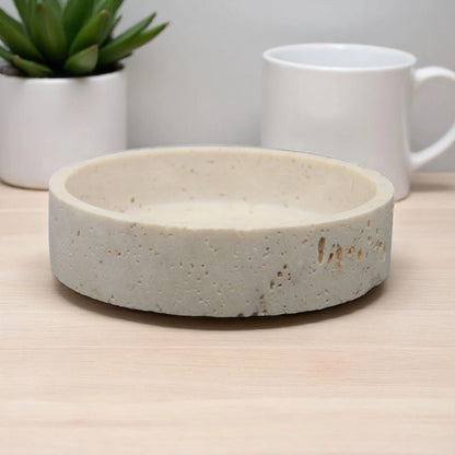 Damoo Hand-Carved Travertine Bowl – Minimalist Round Dish for Keys, Jewelry, Candles, or Decor - Damoo