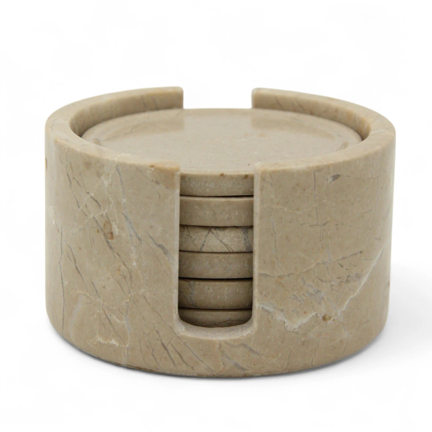 Damoo Handcrafted Beige Marble Coaster Set with Holder – 6 Natural Stone Drink Coasters for Coffee Table, Bar & Home Decor | Luxury Stone Table Protection - Damoo