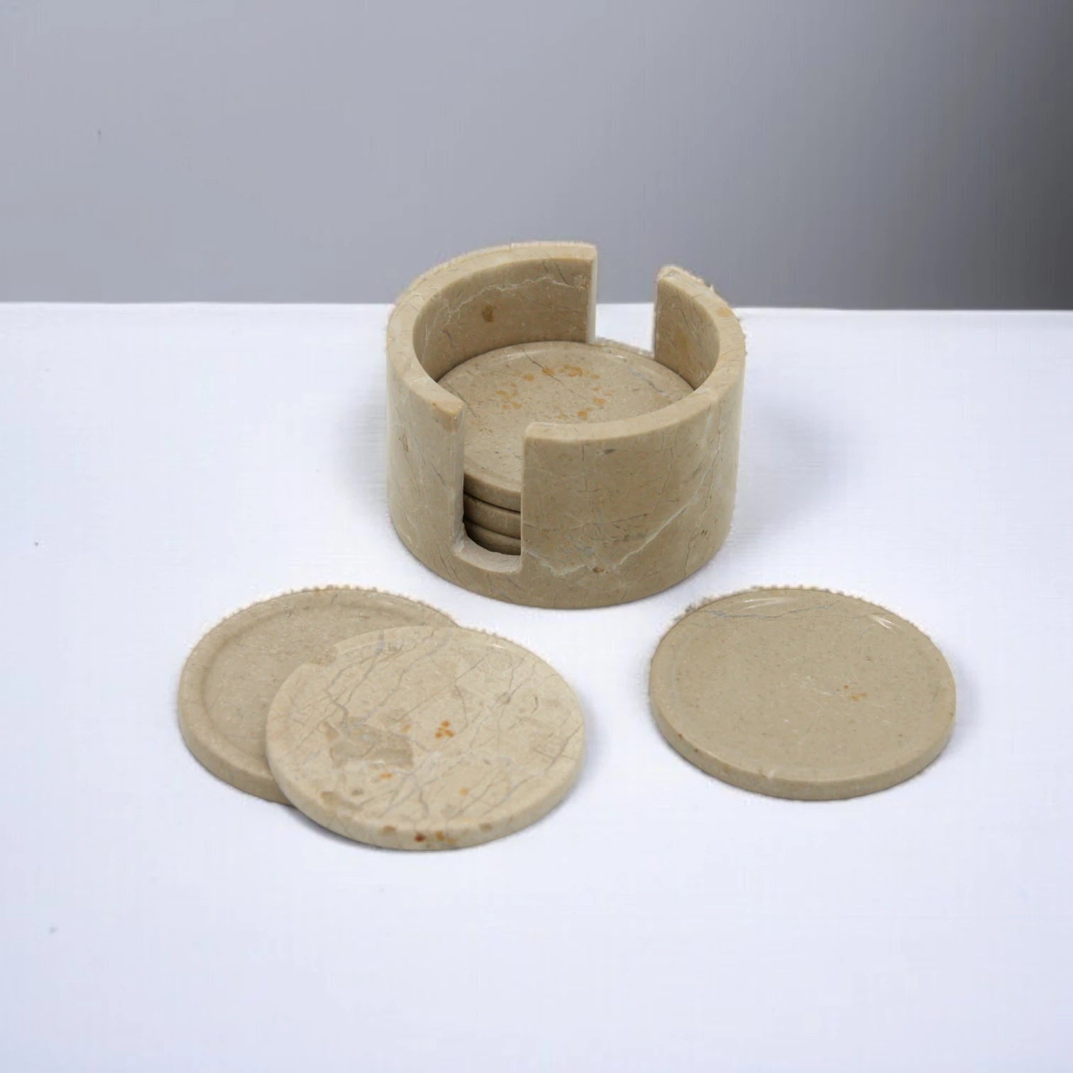 Damoo Handcrafted Beige Marble Coaster Set with Holder – 6 Natural Stone Drink Coasters for Coffee Table, Bar & Home Decor | Luxury Stone Table Protection - Damoo