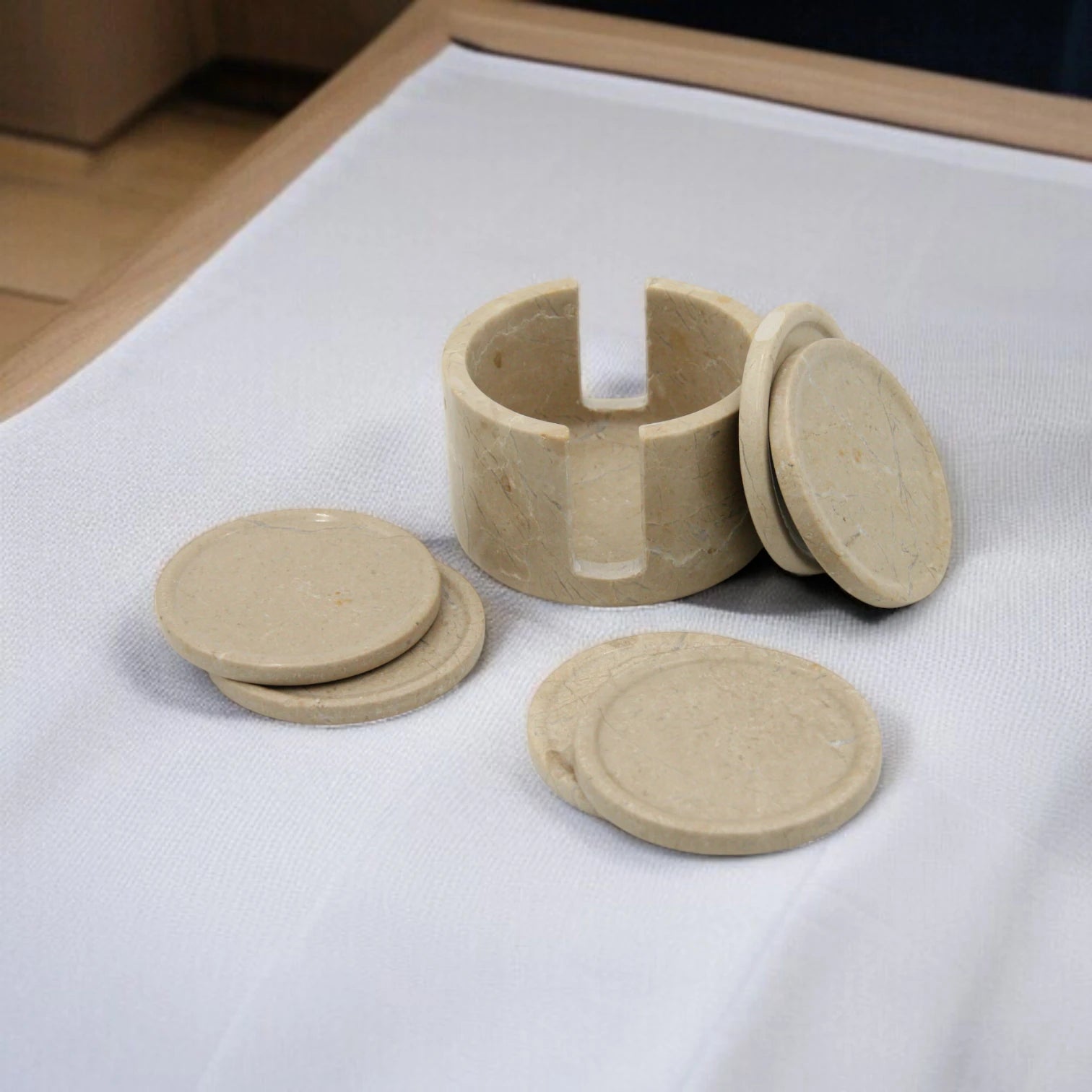 Damoo Handcrafted Beige Marble Coaster Set with Holder – 6 Natural Stone Drink Coasters for Coffee Table, Bar & Home Decor | Luxury Stone Table Protection - Damoo