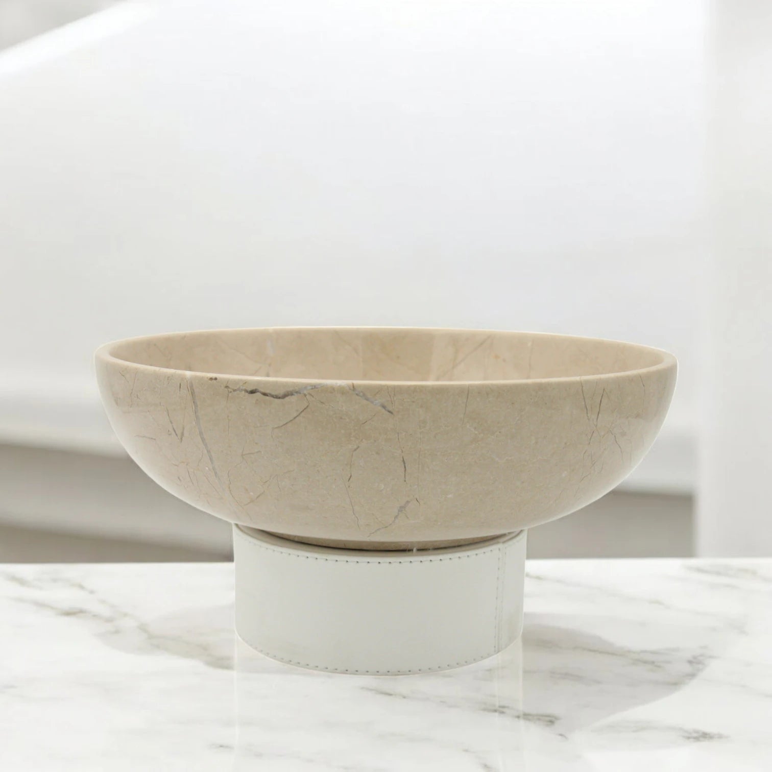 Damoo Handcrafted Natural Beige Marble Decorative Bowl with White Faux Leather Base – Luxury Stone for Coffee Table, Kitchen, or Office Decor - Damoo