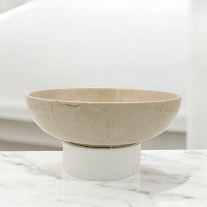 Damoo Handcrafted Natural Beige Marble Decorative Bowl with White Faux Leather Base – Luxury Stone for Coffee Table, Kitchen, or Office Decor - Damoo