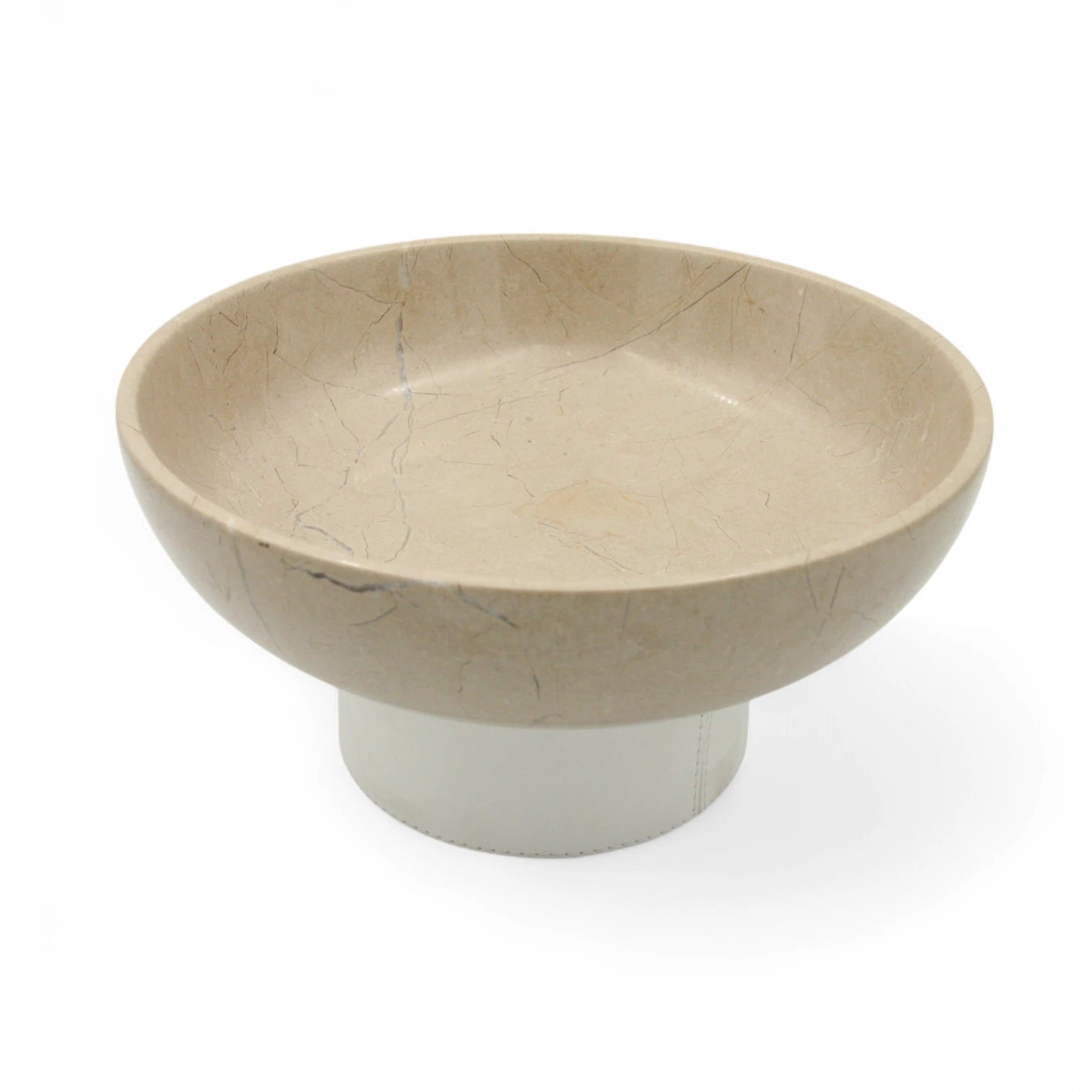 Damoo Handcrafted Natural Beige Marble Decorative Bowl with White Faux Leather Base – Luxury Stone for Coffee Table, Kitchen, or Office Decor - Damoo