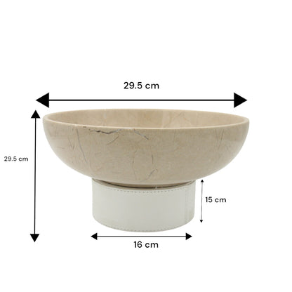 Damoo Handcrafted Natural Beige Marble Decorative Bowl with White Faux Leather Base – Luxury Stone for Coffee Table, Kitchen, or Office Decor - Damoo