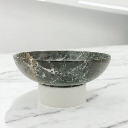 Damoo Handcrafted Natural Beige Marble Decorative Bowl with White Faux Leather Base – Luxury Stone for Coffee Table, Kitchen, or Office Decor - Damoo