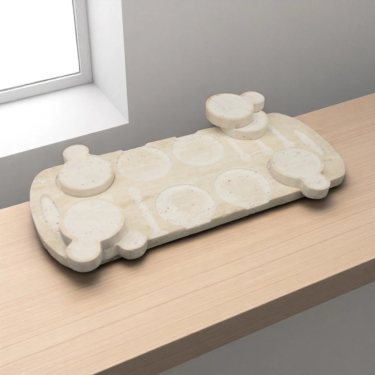 Damoo Handcrafted Travertine Tea Set Tray – 4-Piece Stone Serving Set for Arabic Coffee or Tea Rituals - Damoo