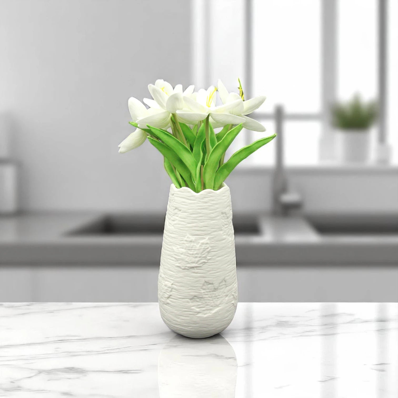 Damoo Handmade White Ceramic Textured Vase – Modern Minimalist Flower Vase for Home Décor, Centerpieces & Gifts - Damoo