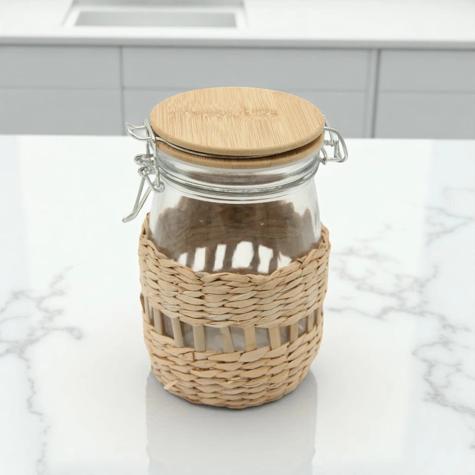 Damoo Handwoven Rattan Glass Storage Jar with Bamboo Lid – Eco-Friendly Airtight Container for Kitchen & Home Decor - Damoo