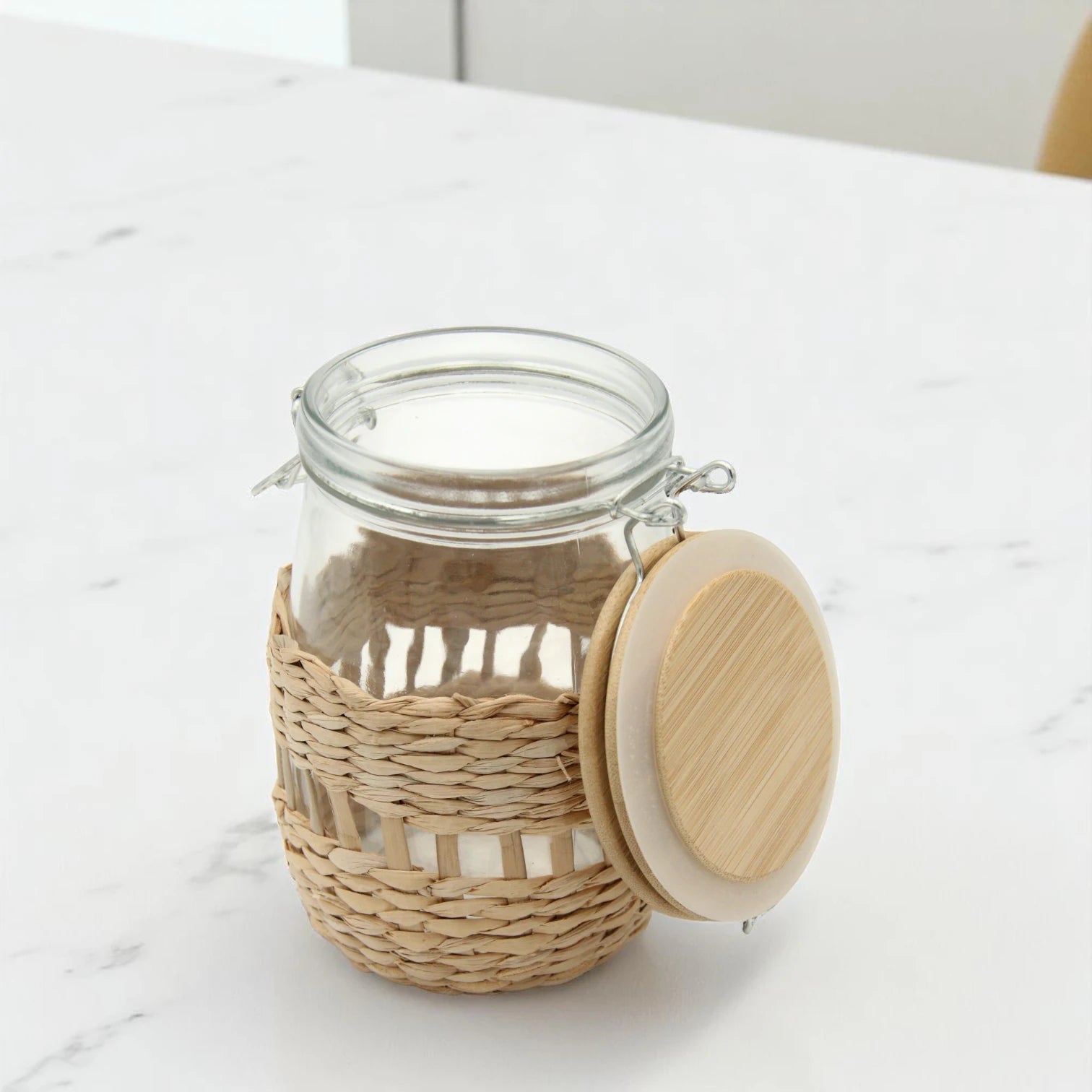 Damoo Handwoven Rattan Glass Storage Jar with Bamboo Lid – Eco-Friendly Airtight Container for Kitchen & Home Decor - Damoo