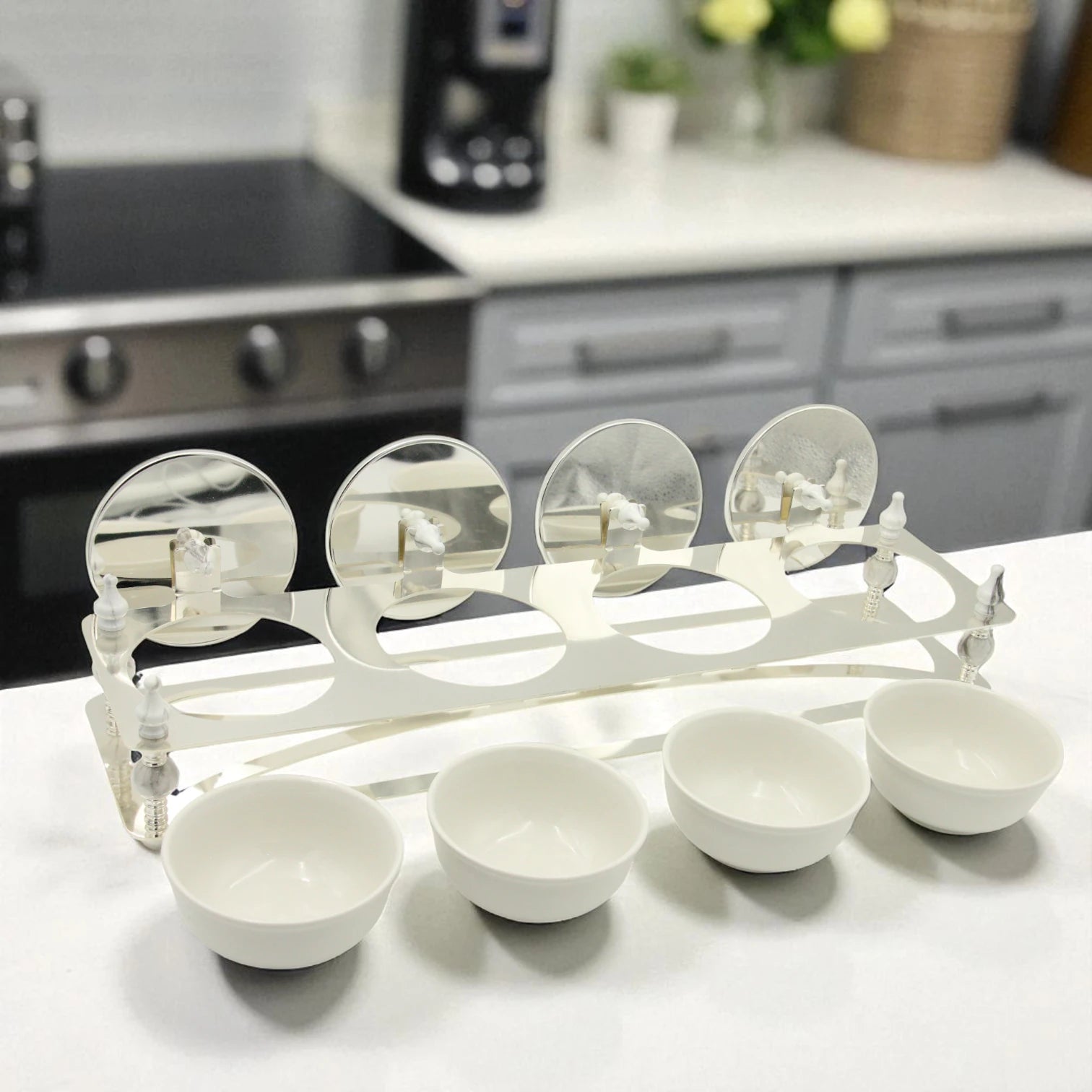 Damoo Luxury 4-Section Candy Jar Tray with Mirrors and Silver Accents – Elegant Decorative Dish Set for Dates, Nuts, Sweets & Ramadan Hosting Display - Damoo