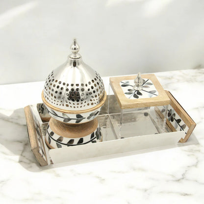 Damoo Luxury Bakhour Gift Set – Wooden Acrylic Tray with Oud Burner & Storage Box – Elegant Arabic Incense Set for Home, Majlis & Gifting - Damoo