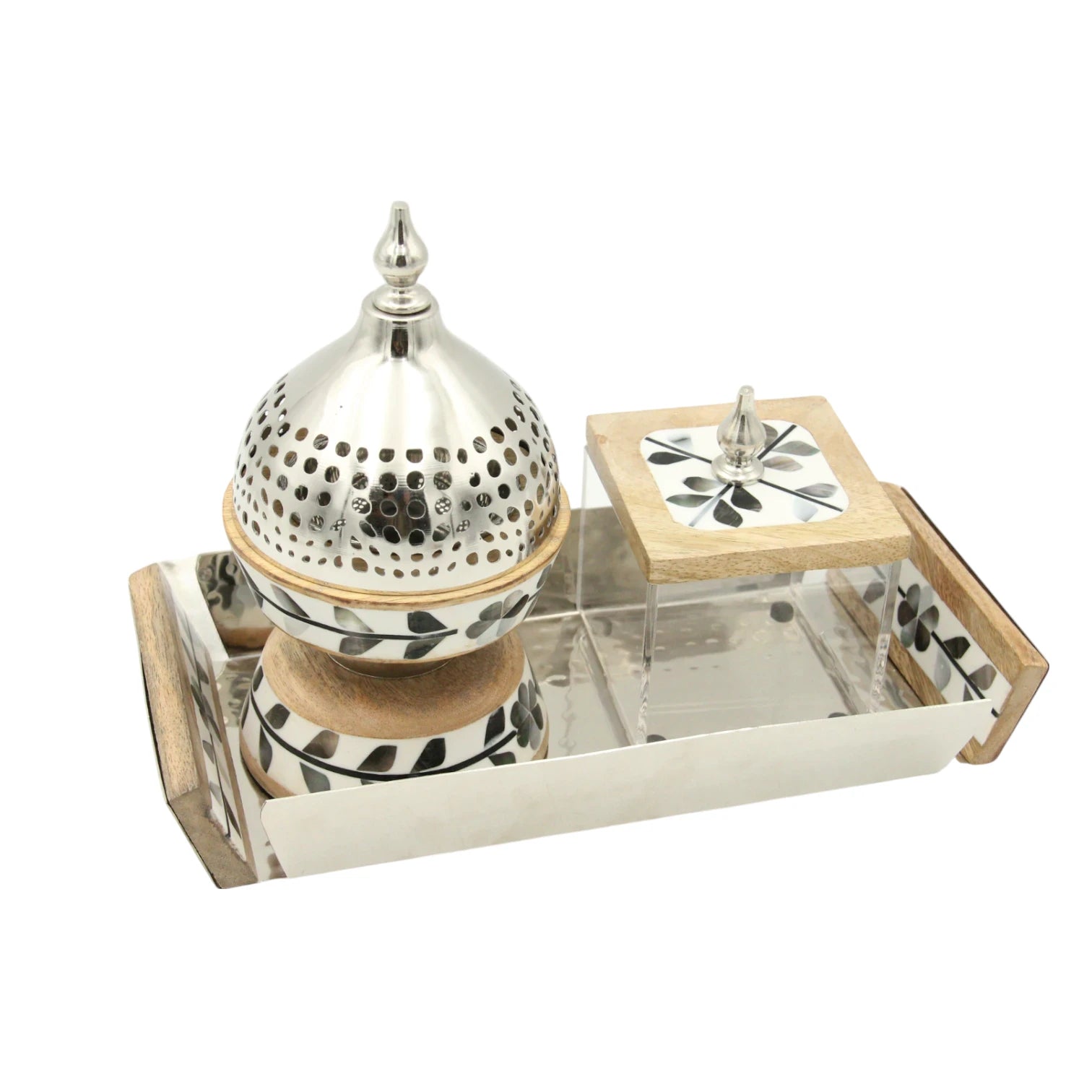 Damoo Luxury Bakhour Gift Set – Wooden Acrylic Tray with Oud Burner & Storage Box – Elegant Arabic Incense Set for Home, Majlis & Gifting - Damoo