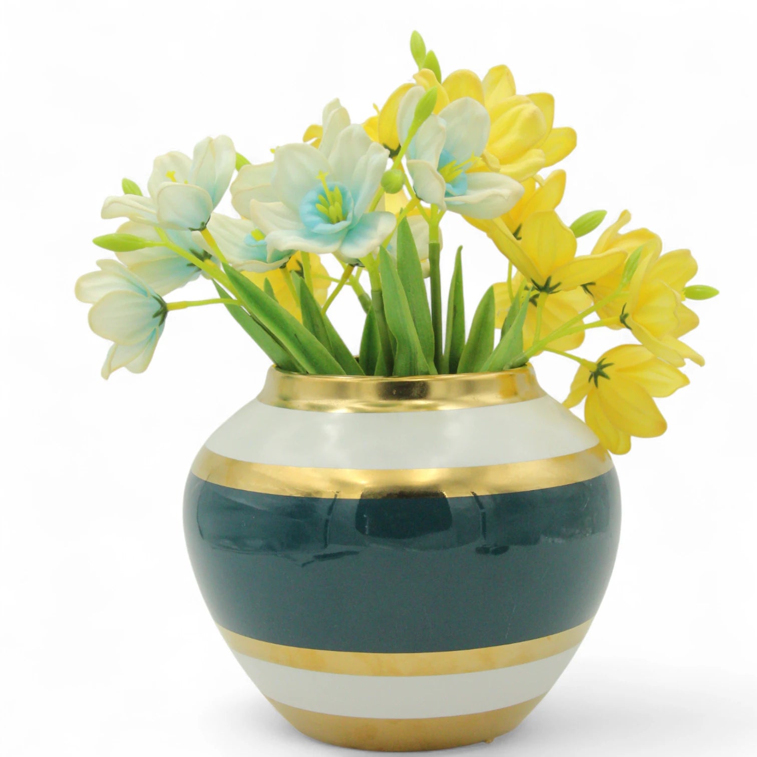Damoo Luxury Ceramic Flower Pot with Gold & Navy Blue Bands – Elegant Round Vase for Table Centerpieces & Home Décor - Damoo