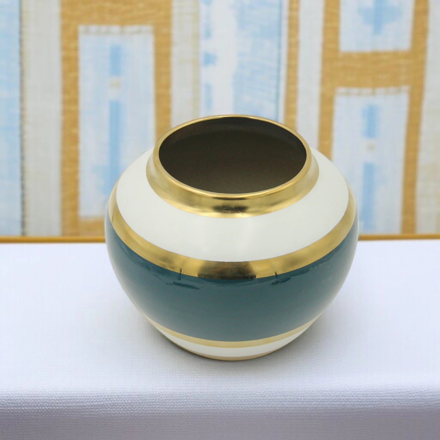 Damoo Luxury Ceramic Flower Pot with Gold & Navy Blue Bands – Elegant Round Vase for Table Centerpieces & Home Décor - Damoo