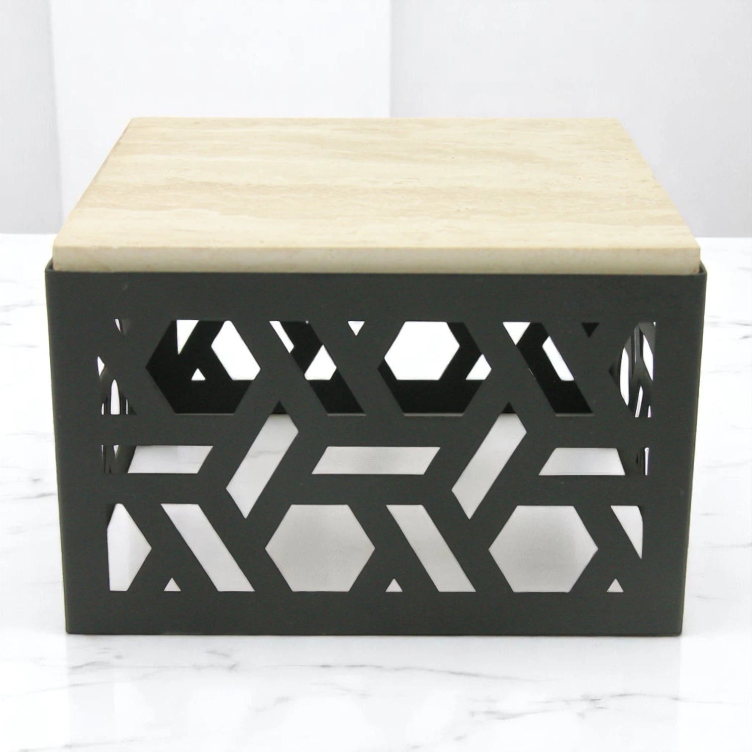 Damoo Luxury Decorative Storage Box with Marble Top – 20x20 cm | Geometric Laser-Cut Metal Design | Elegant Home Organizer - Damoo