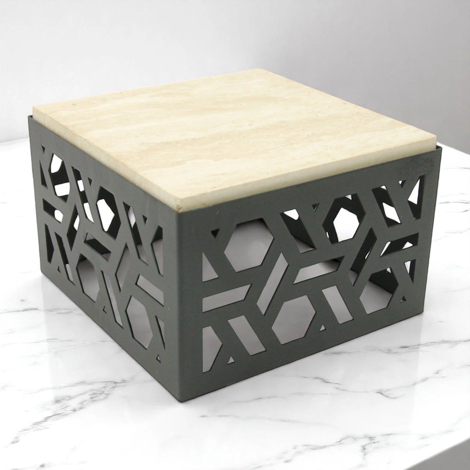 Damoo Luxury Decorative Storage Box with Marble Top – 20x20 cm | Geometric Laser-Cut Metal Design | Elegant Home Organizer - Damoo