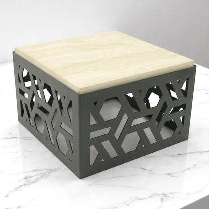Damoo Luxury Decorative Storage Box with Marble Top – 20x20 cm | Geometric Laser-Cut Metal Design | Elegant Home Organizer - Damoo