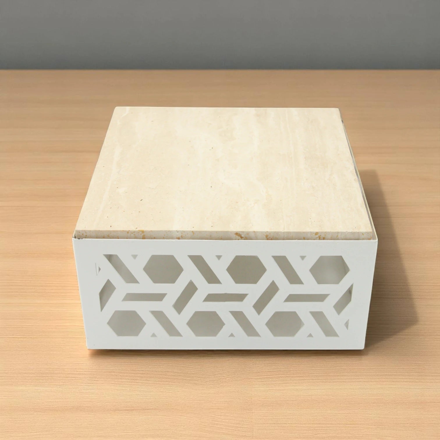 Damoo Luxury Decorative Storage Box with Marble Top – 25x25 cm | Geometric Laser-Cut Metal Design | Elegant Home Organizer - Damoo