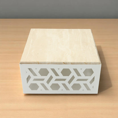 Damoo Luxury Decorative Storage Box with Marble Top – 25x25 cm | Geometric Laser-Cut Metal Design | Elegant Home Organizer - Damoo
