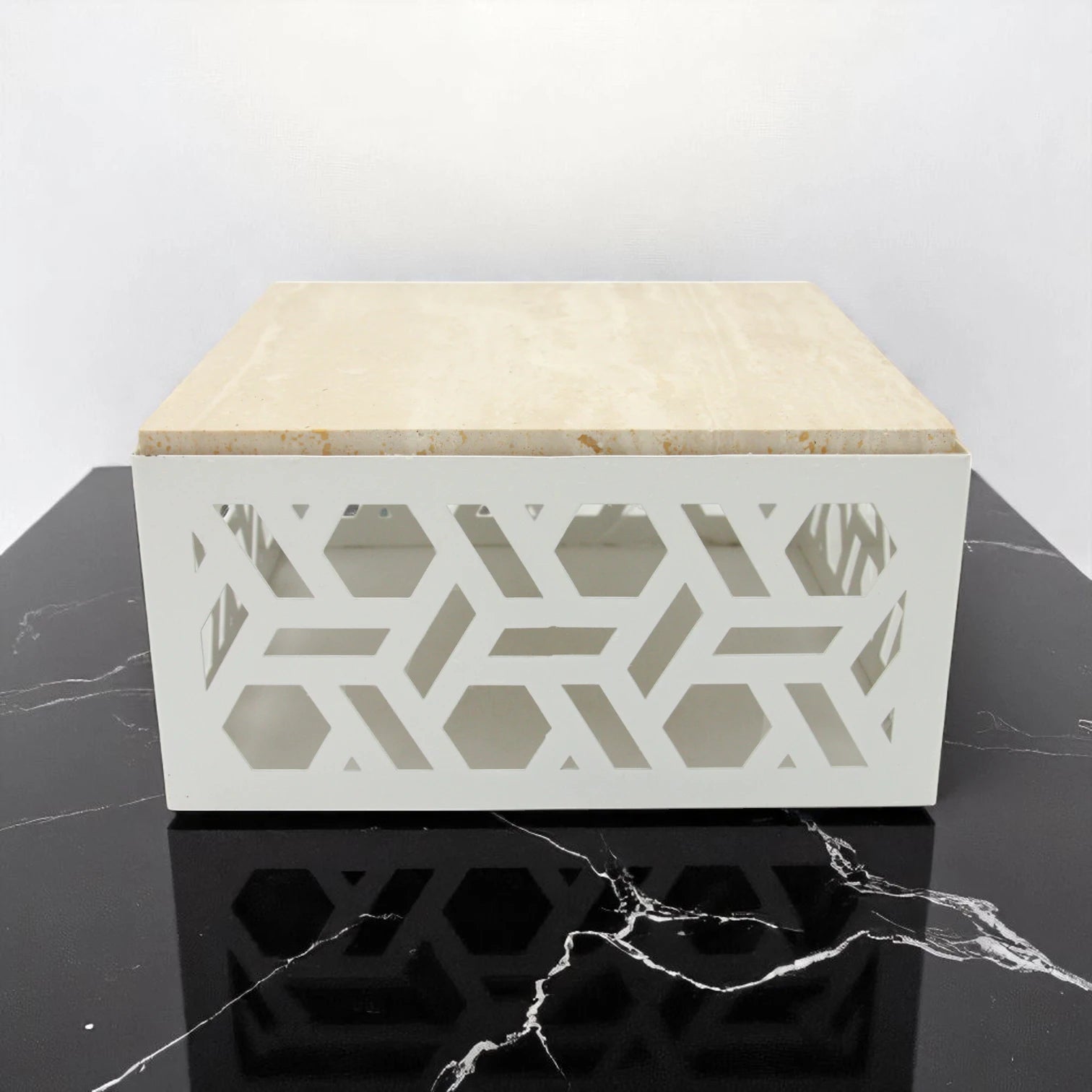 Damoo Luxury Decorative Storage Box with Marble Top – 25x25 cm | Geometric Laser-Cut Metal Design | Elegant Home Organizer - Damoo