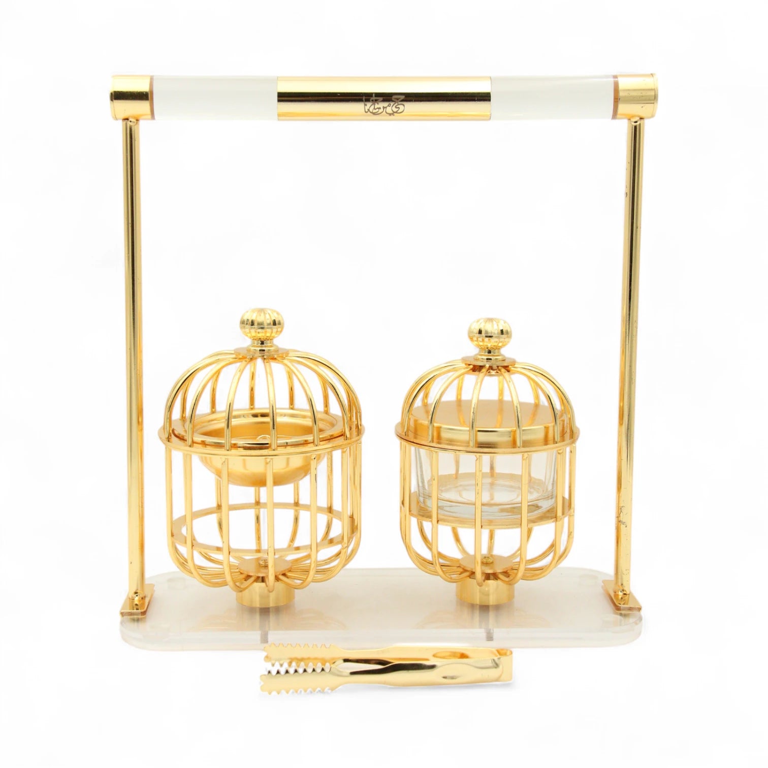 Damoo Luxury Gold Cage-Style Mabkhara Incense Burner with Bakhoor Spoon – Elegant Arabic Bukhoor Stand for Majlis, Ramadan & Gifting - Damoo