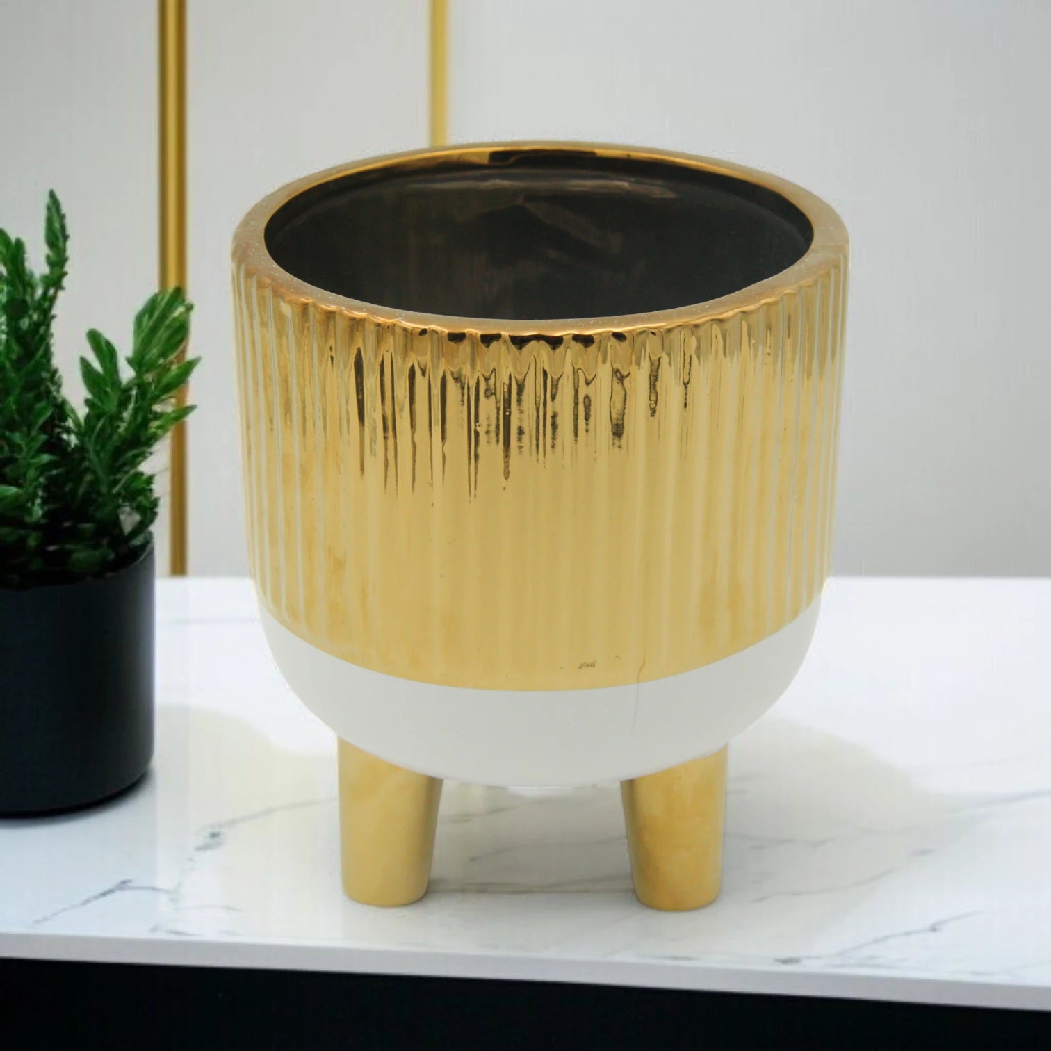 Damoo Luxury Gold Ceramic Flower Pot with Legs – Modern Decorative Planter Stand for Living Room, Office, Entryway & Gift - Damoo