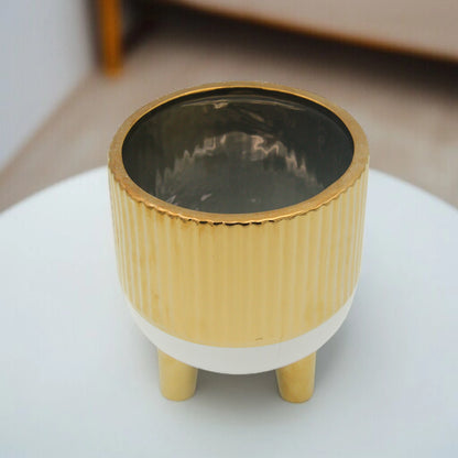 Damoo Luxury Gold Ceramic Flower Pot with Legs – Modern Decorative Planter Stand for Living Room, Office, Entryway & Gift - Damoo