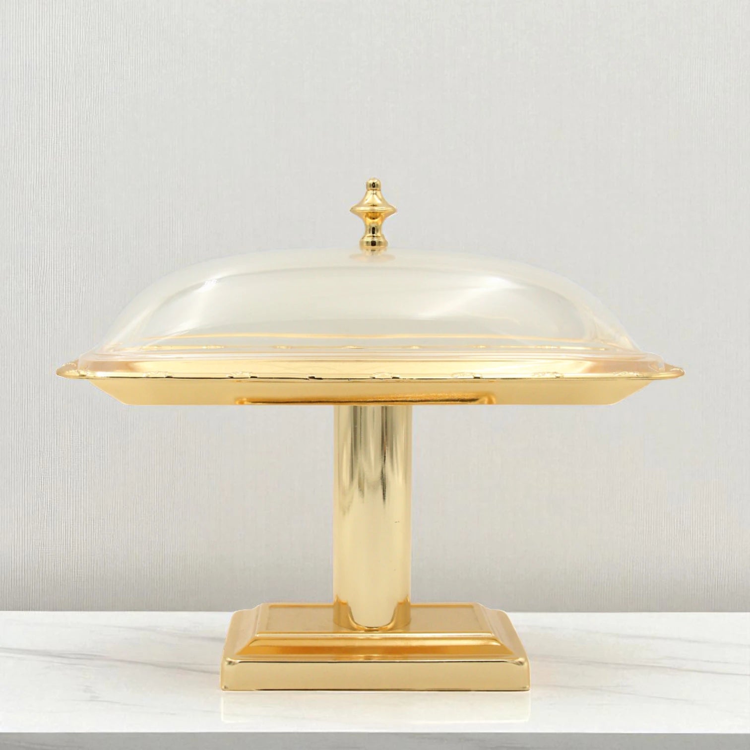 Damoo Luxury Gold Pedestal Sweet Tray with Clear Lid – Elegant Covered Dessert Stand for Serving Pastries, Dates & Treats - Damoo