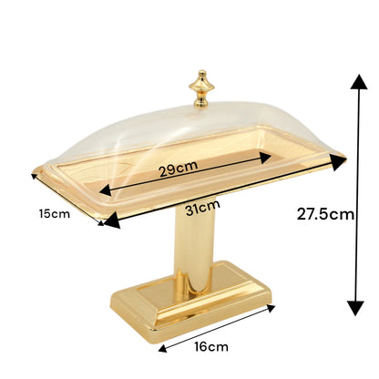 Damoo Luxury Gold Pedestal Sweet Tray with Clear Lid – Elegant Covered Dessert Stand for Serving Pastries, Dates & Treats - Damoo