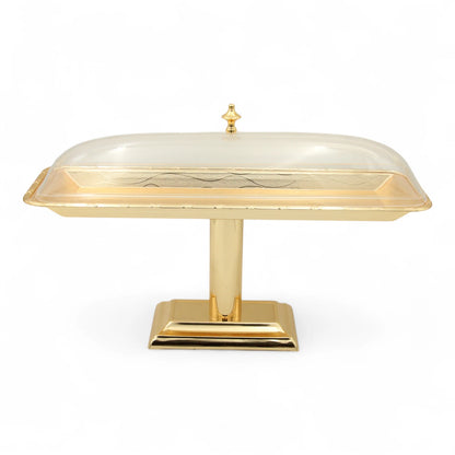 Damoo Luxury Gold Pedestal Sweet Tray with Clear Lid – Elegant Covered Dessert Stand for Serving Pastries, Dates & Treats - Damoo
