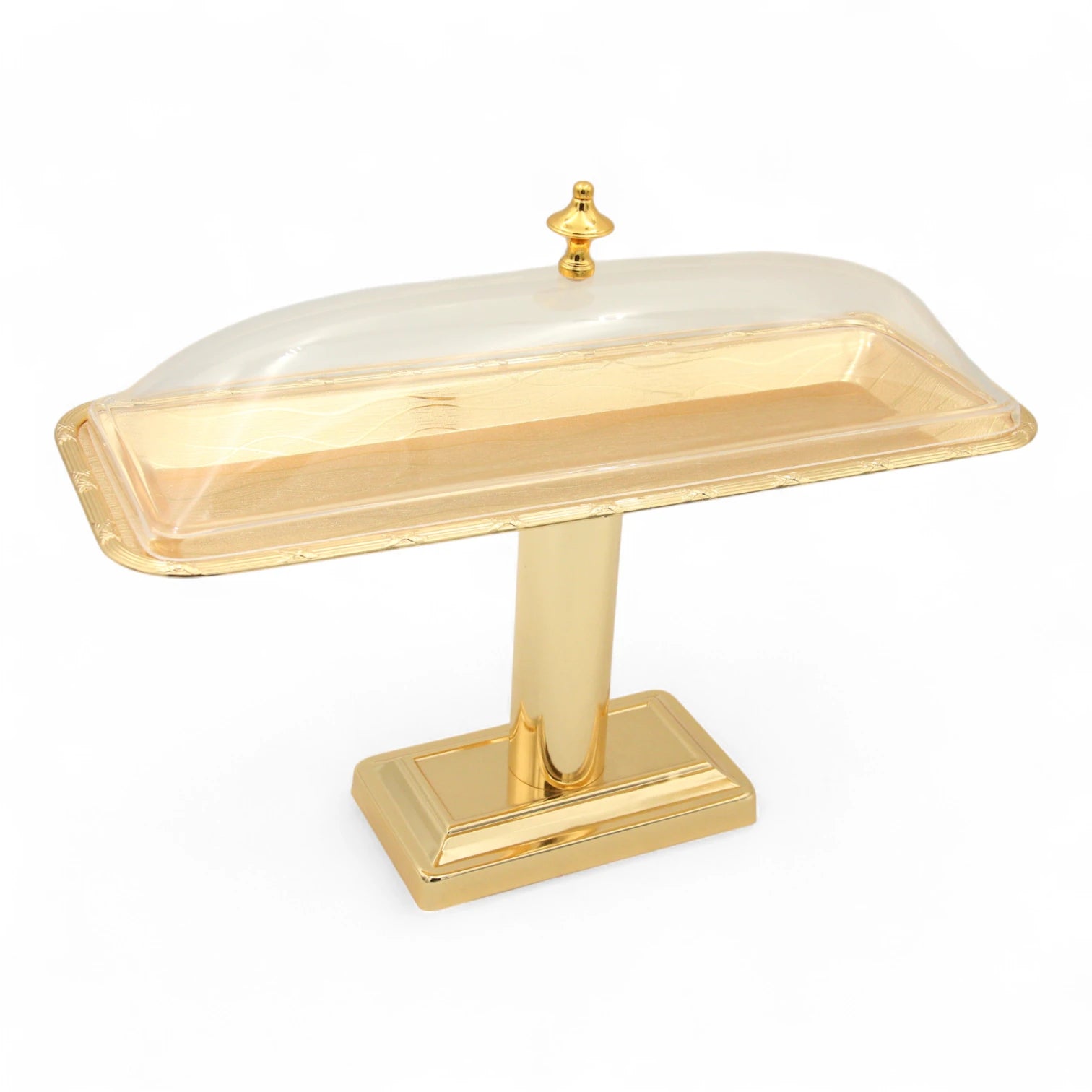 Damoo Luxury Gold-Plated Buffet Stand with Clear Dome Cover – Elegant Rectangular Food Display Tray for Events, Parties & Home Serving - Damoo