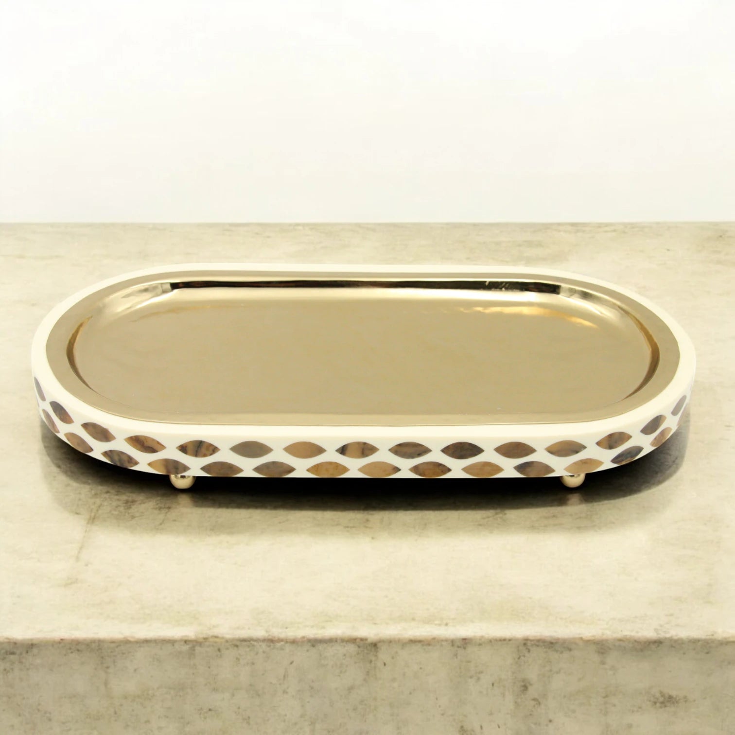 Damoo Luxury Oval Serving Tray with Gold Finish – Decorative Inlay Accent Tray for Coffee, Perfume, or Home Décor – Elegant Display Tray with Raised Feet - Damoo