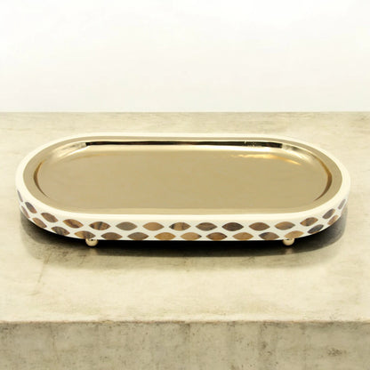 Damoo Luxury Oval Serving Tray with Gold Finish – Decorative Inlay Accent Tray for Coffee, Perfume, or Home Décor – Elegant Display Tray with Raised Feet - Damoo