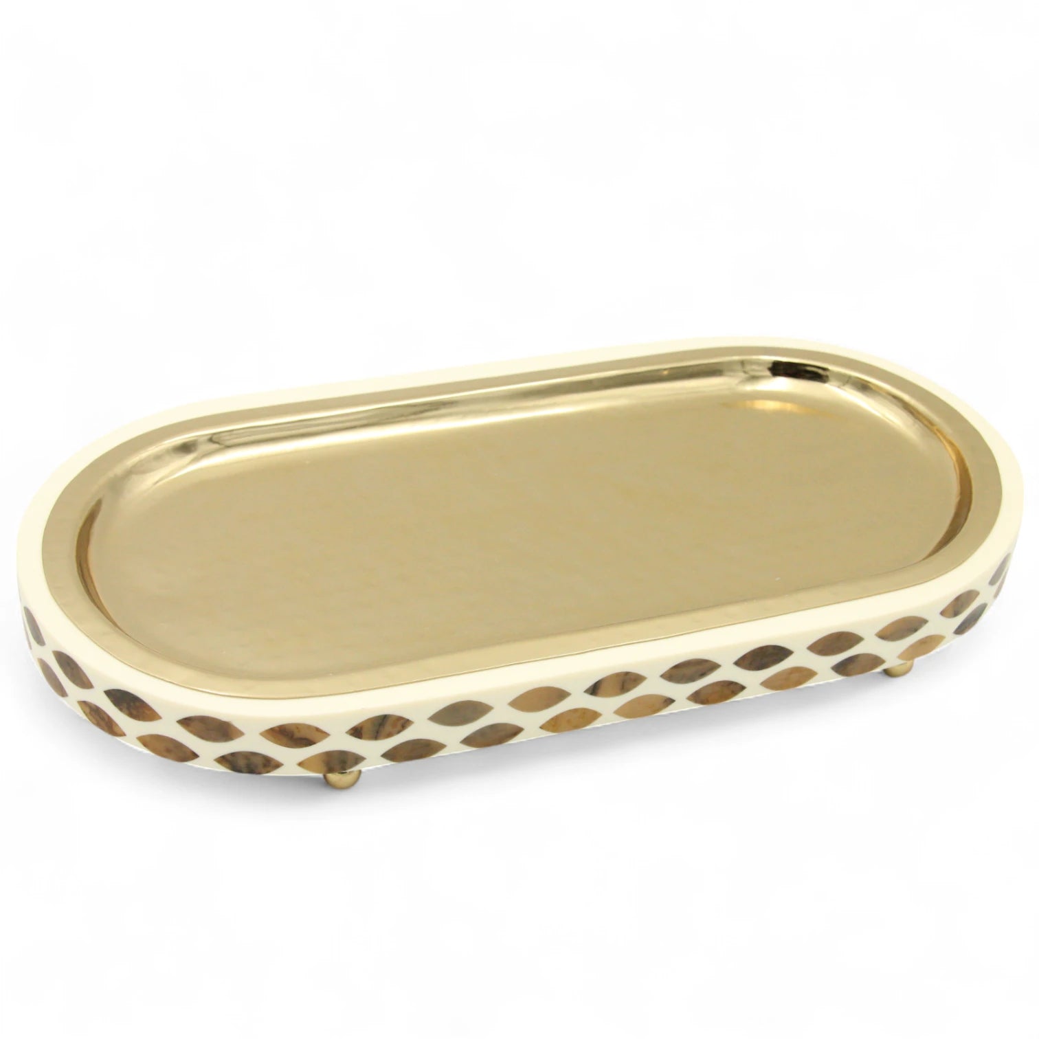 Damoo Luxury Oval Serving Tray with Gold Finish – Decorative Inlay Accent Tray for Coffee, Perfume, or Home Décor – Elegant Display Tray with Raised Feet - Damoo