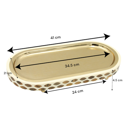 Damoo Luxury Oval Serving Tray with Gold Finish – Decorative Inlay Accent Tray for Coffee, Perfume, or Home Décor – Elegant Display Tray with Raised Feet - Damoo