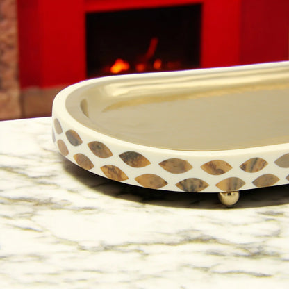 Damoo Luxury Oval Serving Tray with Gold Finish – Decorative Inlay Accent Tray for Coffee, Perfume, or Home Décor – Elegant Display Tray with Raised Feet - Damoo