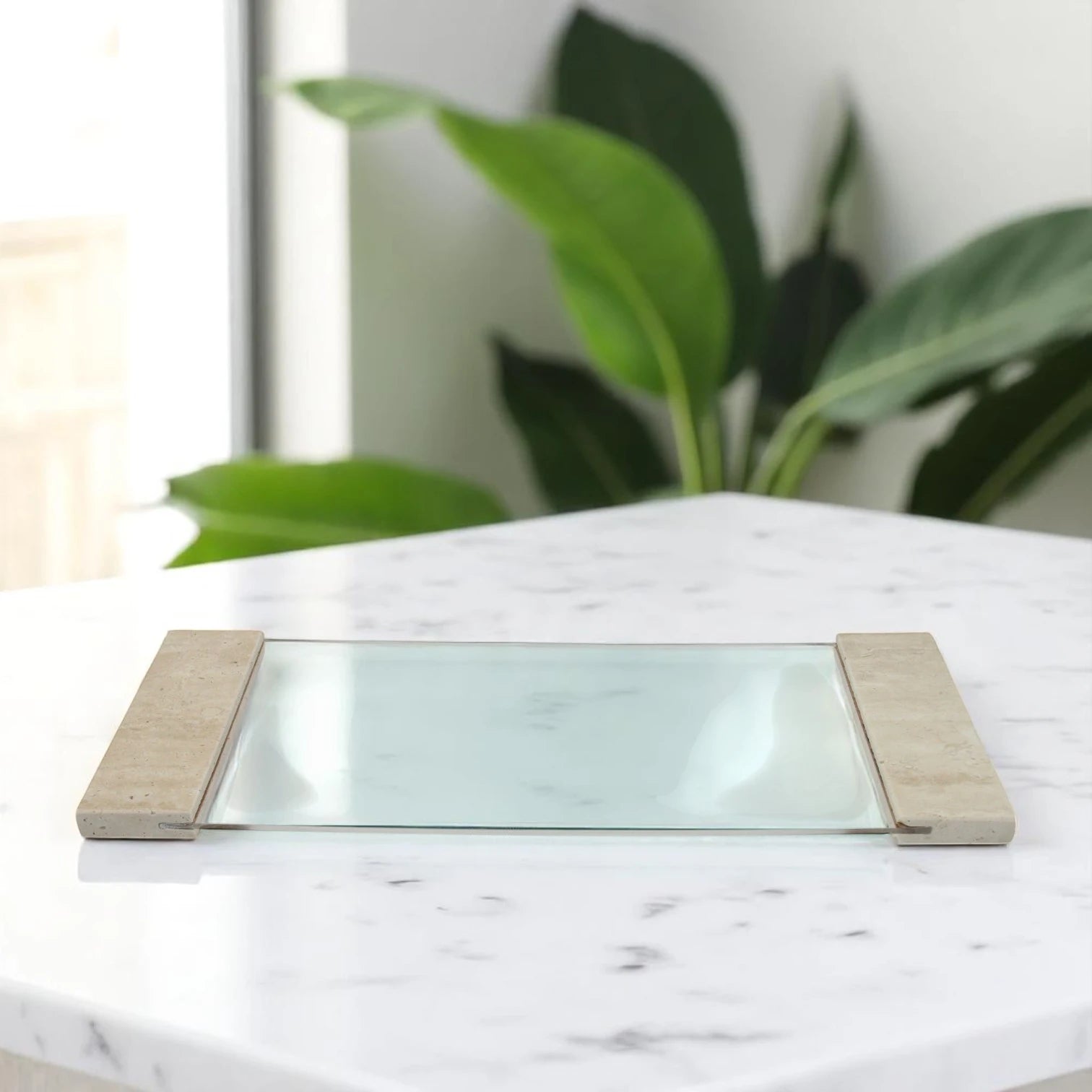 Damoo Luxury Rectangular Serving Tray with Natural Travertine Stone Handles and Clear Acrylic Base – Modern Decorative Display Tray for Coffee Table, Kitchen, Bathroom, Vanity, Office Desk, or Events - Damoo