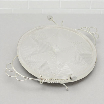 Damoo Luxury Silver Tray with Clear Dome Cover – Round Decorative Serving Stand for Cakes, Sweets, and Pastries – Elegant Floral Handle Design for Events, Ramadan, and Home Entertaining - Damoo