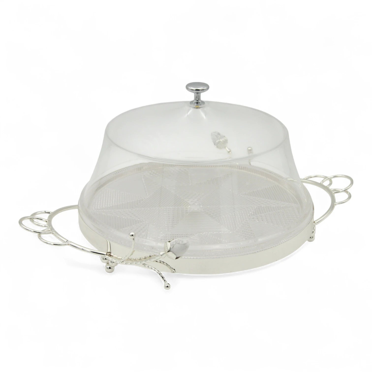 Damoo Luxury Silver Tray with Clear Dome Cover – Round Decorative Serving Stand for Cakes, Sweets, and Pastries – Elegant Floral Handle Design for Events, Ramadan, and Home Entertaining - Damoo