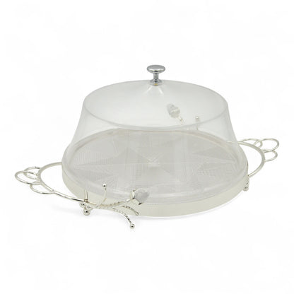 Damoo Luxury Silver Tray with Clear Dome Cover – Round Decorative Serving Stand for Cakes, Sweets, and Pastries – Elegant Floral Handle Design for Events, Ramadan, and Home Entertaining - Damoo