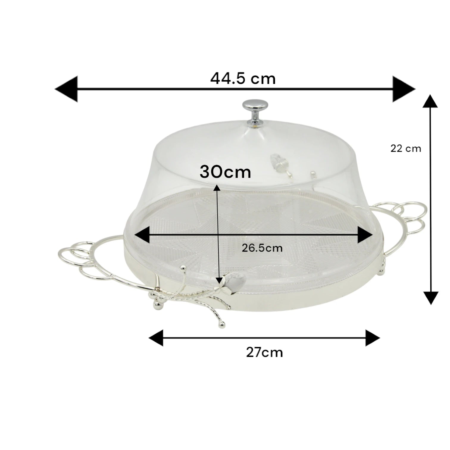 Damoo Luxury Silver Tray with Clear Dome Cover – Round Decorative Serving Stand for Cakes, Sweets, and Pastries – Elegant Floral Handle Design for Events, Ramadan, and Home Entertaining - Damoo