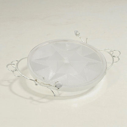 Damoo Luxury Silver Tray with Clear Dome Cover – Round Decorative Serving Stand for Cakes, Sweets, and Pastries – Elegant Floral Handle Design for Events, Ramadan, and Home Entertaining - Damoo
