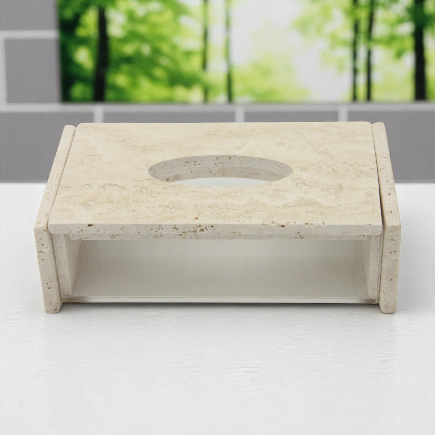 Damoo Luxury Travertine and Acrylic Tissue Box – Modern Stone & Clear Display Case for Bathroom, Office, or Living Room Decor - Damoo