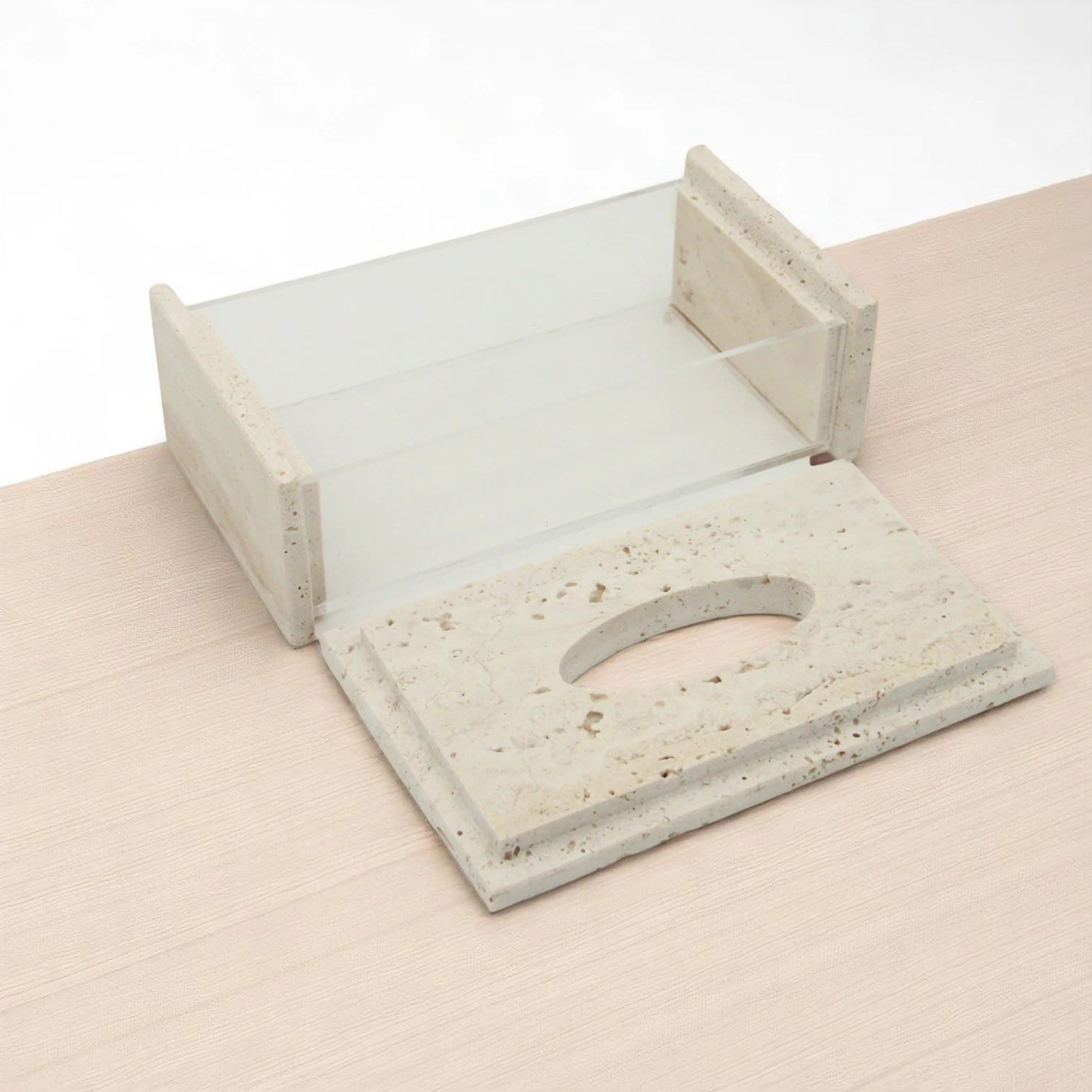 Damoo Luxury Travertine and Acrylic Tissue Box – Modern Stone & Clear Display Case for Bathroom, Office, or Living Room Decor - Damoo