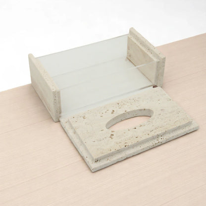 Damoo Luxury Travertine and Acrylic Tissue Box – Modern Stone & Clear Display Case for Bathroom, Office, or Living Room Decor - Damoo
